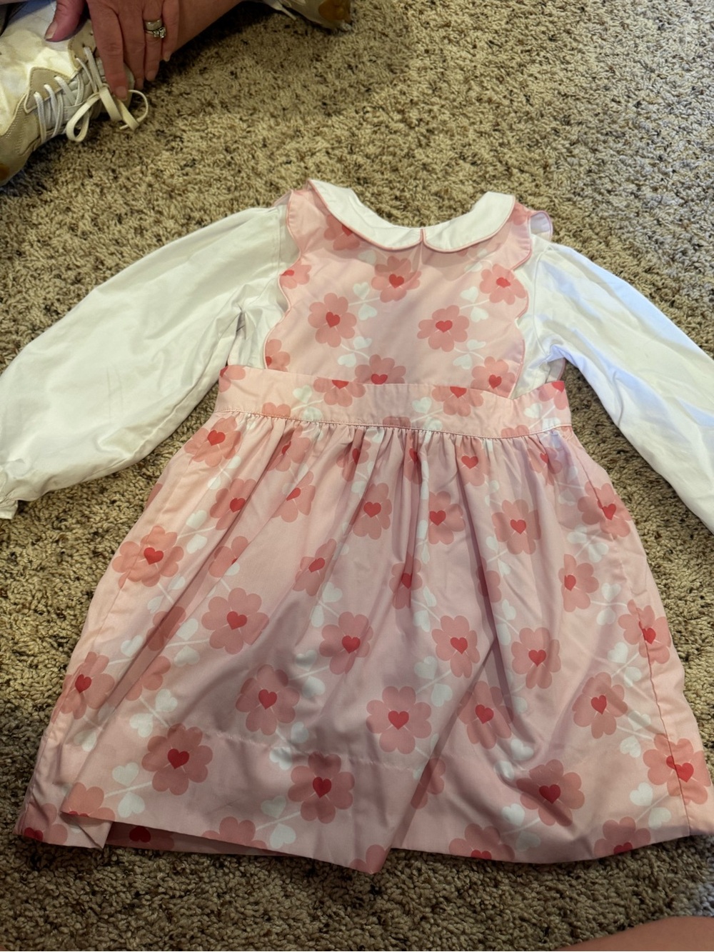 Girls' Pink Floral Peter Pan Collar Dress with White Long Sleeves